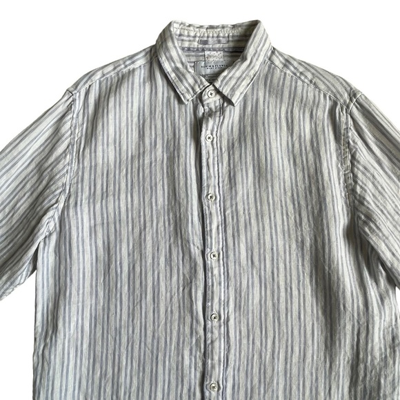 Denim & Flower Ricky Singh 100% Linen Striped Shirt Men’s Size M Roll Tab Sleeve - Picture 2 of 9